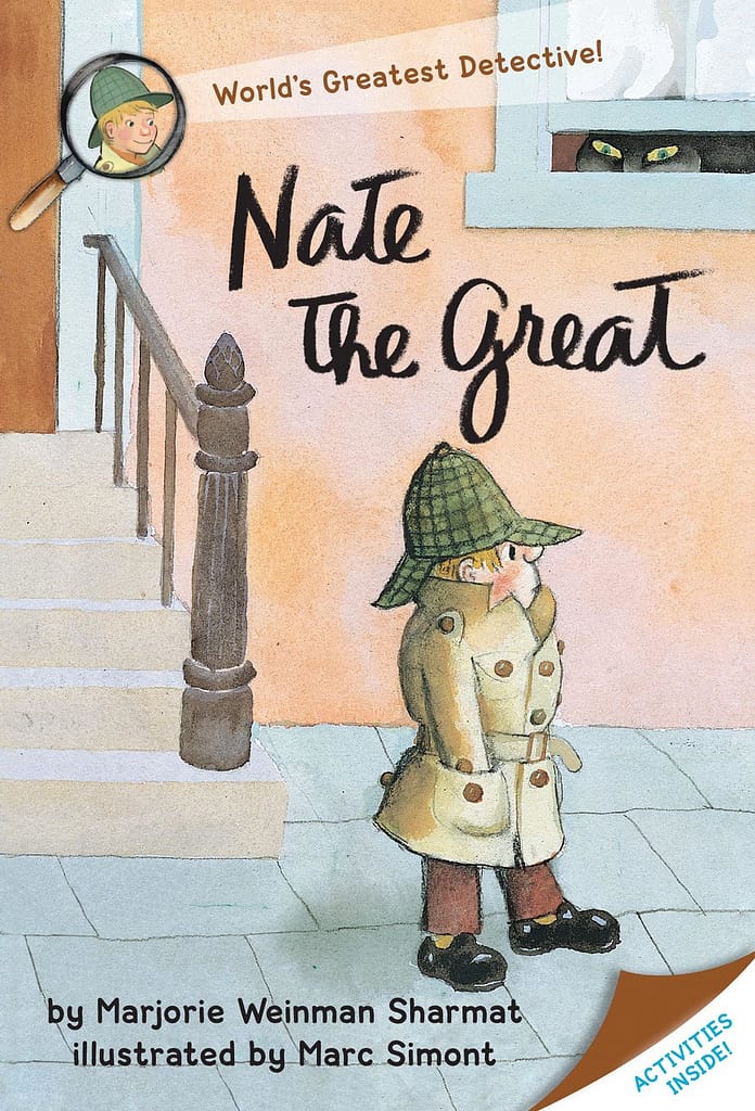 Cover of the children's book 'Nate the Great', featuring a detective character in a trench coat and hat, standing outside a house with a staircase. A pair of green eyes can be seen peering from a window.