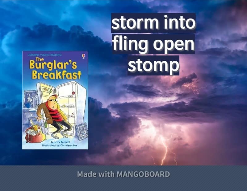 storm into, fling open, stomp