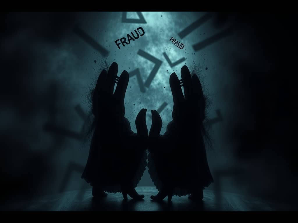 A dark, surreal image featuring silhouettes of hands against a misty background, with the word 'FRAUD' prominently displayed.