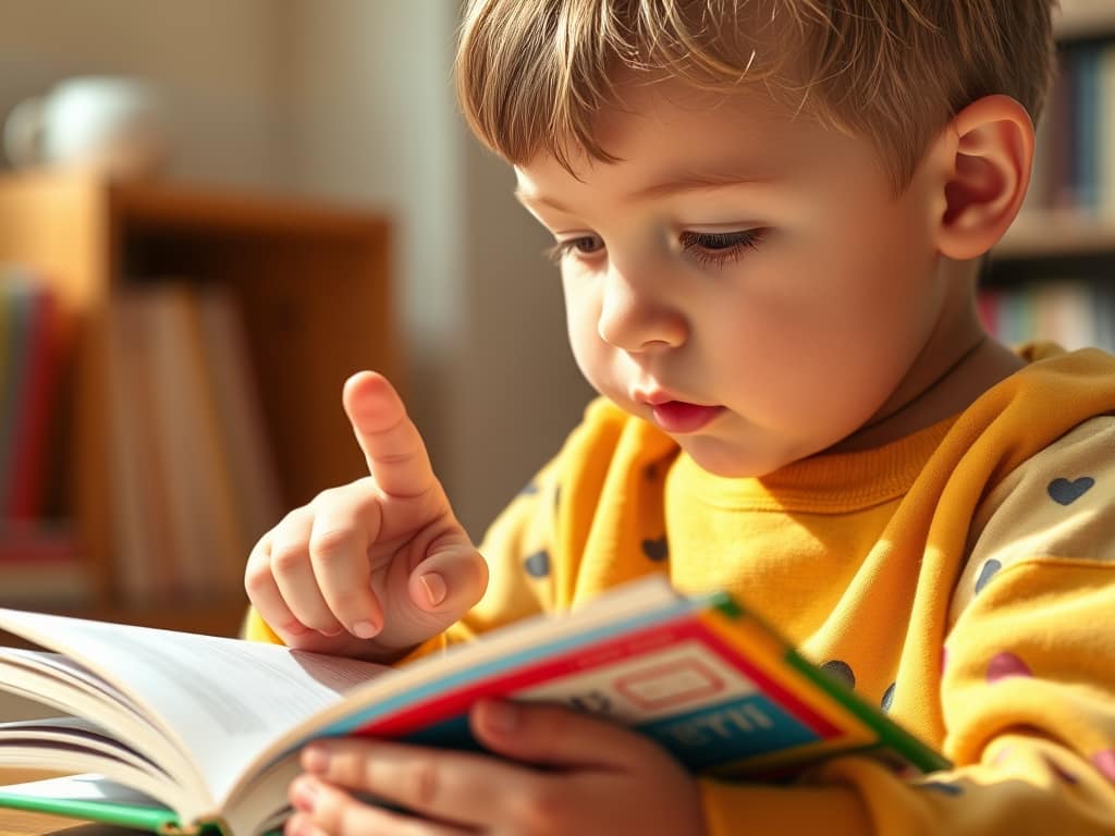 아이가 손가락으로 글자를 따라가며 책을 읽는 장면